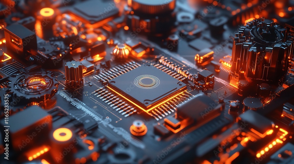 Poster abstract rendering of gears and microchips in advanced technology
