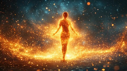 Obraz premium Glowing ethereal woman figure, fiery energy, cosmic background.