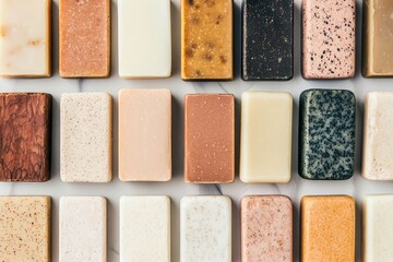 Fototapeta premium Handmade products showcase sustainable crafts. Variety of colorful soap bars arranged neatly