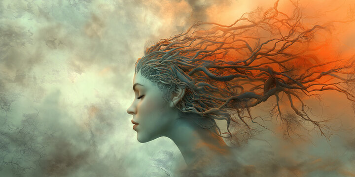 A surreal artwork of a woman's face in profile, with her hair transforming into intricate tree branches that spread outwards. 