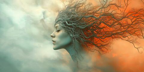 A surreal artwork of a woman's face in profile, with her hair transforming into intricate tree branches that spread outwards. 