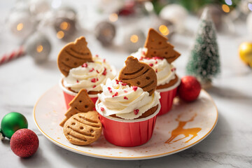 Homemade cupcakes with whipped cream and gingerbread cookies for Holidays
