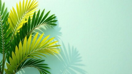 Vibrant Green Palm Fronds Cast Shadows on a Light Aqua Background, Perfect for Summer Designs