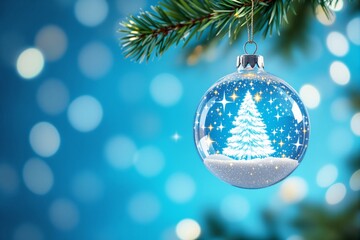 Fototapeta premium A festive Christmas ornament with a white tree surrounded by sparkling stars, hanging on a pine branch, glowing on a blurred blue background. Ai generative