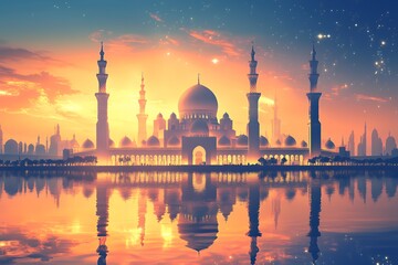 Fototapeta premium Majestic Mosque Sunset Cityscape Reflection Serenity