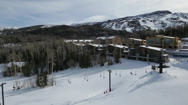 Brian Head Ski Resort Ski Lift on Snowy Day in Utah, Aerial Drone View