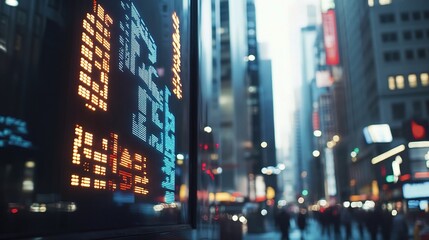 Obraz premium Vibrant City Street with Digital Stock Market Ticker Display