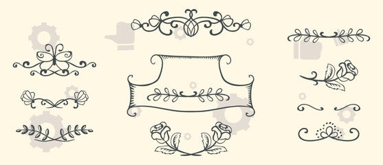 Hand drawn vintage floral wreaths, frames with flowers and ribbon bows. Trendy greenery elements in line art style. Vector for label, corporate identity, wedding invitation, card