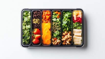 Vibrant smoothie meal kit box with labeled portions, set against a clean white background, [DIY healthy meal], [home nutrition trend] 