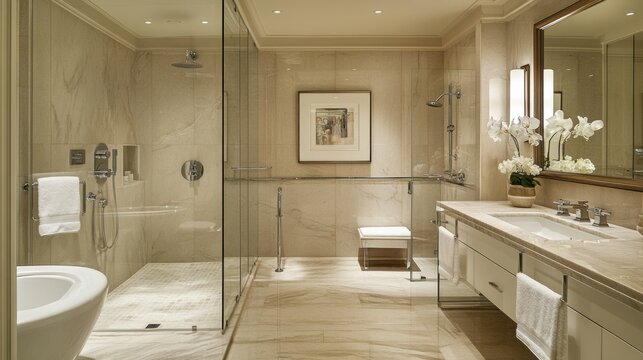 An accessible bathroom with a roll-in shower, grab bars, and sleek modern finishes designed for comfort and style