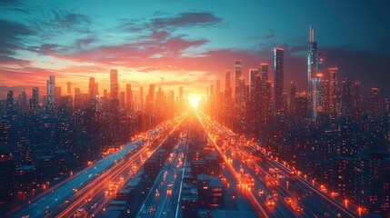 Fototapeta premium Futuristic Cityscape at Sunset: A Breathtaking Aerial View