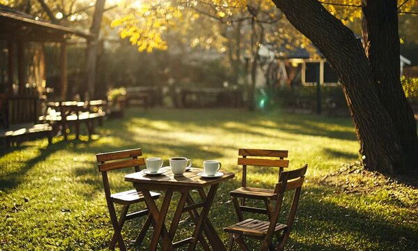 Three cups of coffee on a wooden table in a garden.