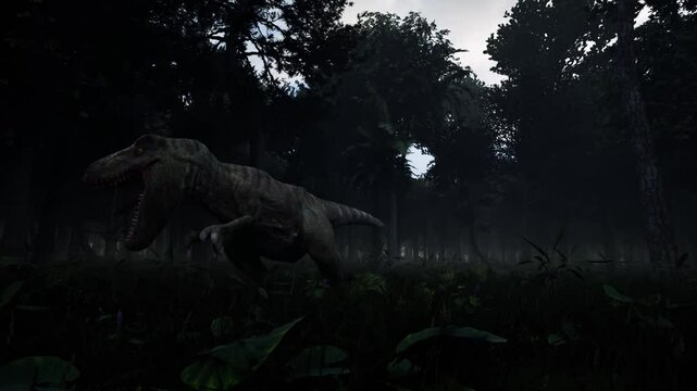 Dinosaur tyrannosaurus rex (T-Rex) standing idle and looking around inside a dark jurassic world forest 3D animation static camera