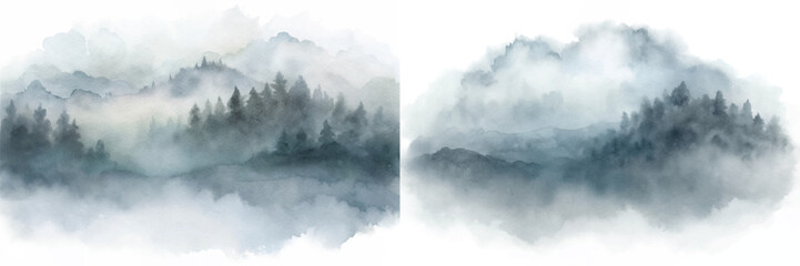 Soft fog blankets lush forests and mountains, creating a serene watercolor atmosphere.