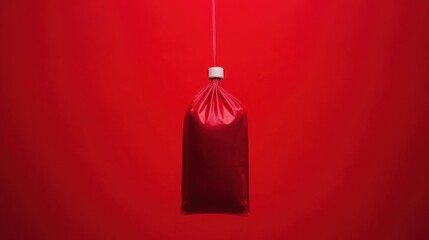 A striking red bag hangs against a vibrant red backdrop, creating a visually bold and minimalist composition.