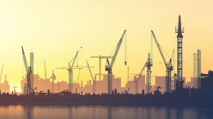Obraz premium Workers at Large Construction Site with Cranes and City View