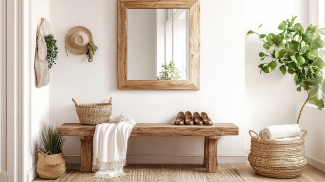 An inviting entryway with a wooden bench, a woven basket for shoes, and a mirror framed with natural wood