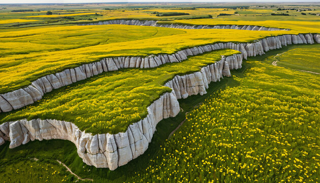 Paysage de falaises et champs fleuris
