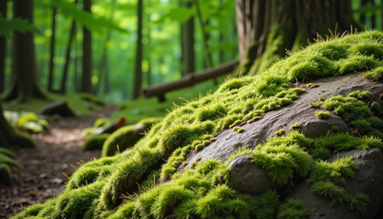 Moss-covered rock in lush green forest