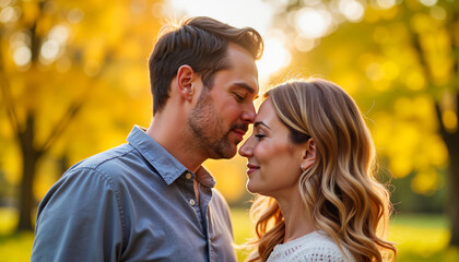 Fototapeta premium Couple sharing a romantic moment in autumn park