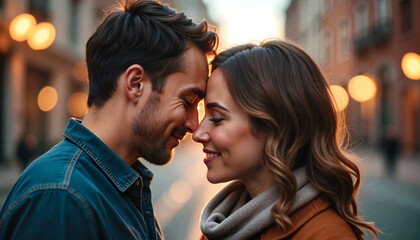 Naklejka premium Couple smiling and embracing in a romantic street setting