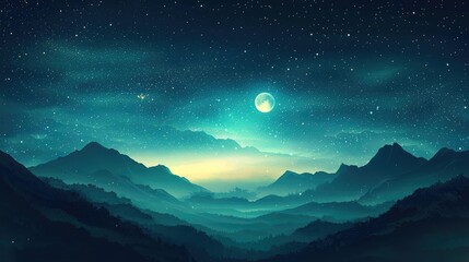 Naklejka premium Cosmic abstract background idea. A serene nighttime landscape featuring mountains under a starry sky and bright moon.