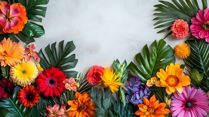 Fototapeta premium A vibrant tropical floral background with bold, colorful flowers and greenery on a light surface