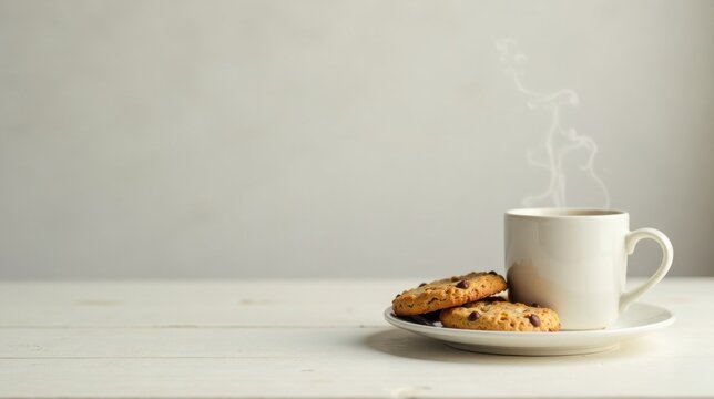 A warm cup of coffee with steaming aroma beside delicious chocolate chip cookies on a white table