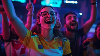 A group of e-sports fans wearing team jerseys, celebrating a major victory in the arena