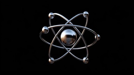 A stylized silver atom model with orbiting electrons against a black background, representing scientific concepts and atomic structure.