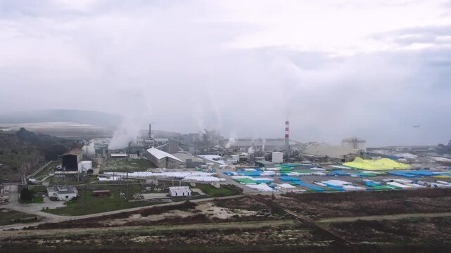 Phosphate Fertilizers Factory VFL in Karvali Greece, Smoke up the Chimneys, Aerial Panoramic View