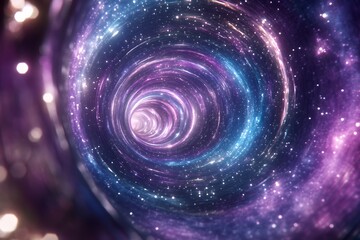 A swirling purple and blue cosmic tunnel depicts space travel