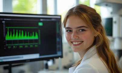 Fototapeta premium Female financial analyst smiles at the camera