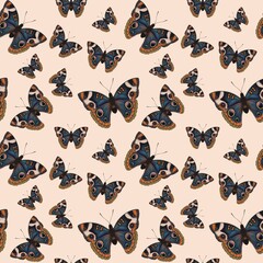 Seamless pattern of different butterfly. Hand-drawn vector insects, isolated on beige background. Spring season concept, Easter, nature.