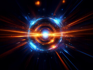 Obraz premium A vibrant, swirling energy field with concentric rings of blue and orange light explodes outward in a cosmic display. Bright streaks radiate from the central core, creating a dynamic, otherworldly sc