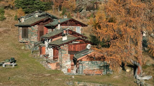 Charming Stone Mountain Cabins Surrounded by Autumn Larch Trees in Predaccio, Valmalenco, Lombardy, Italy - Pan Up Shot