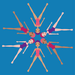 Vector illustration of six synchronized swimmers