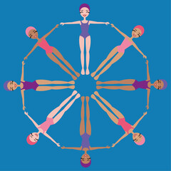 Vector illustration of eight smiling synchronized swimmers