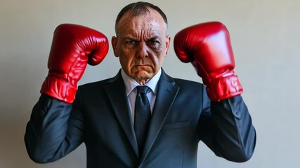 Businessman in a suit prepares for a boxing match while wearing red gloves in a studio setting - Powered by Adobe