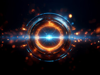 Obraz premium A glowing circular portal, vibrant orange and blue, pulses with energy. Sparkling particles surround the luminous core in a dark, cosmic background.