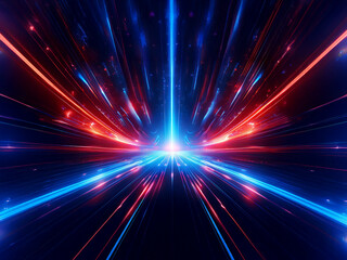 Obraz premium Abstract image of vibrant red and blue light streaks converging at a vanishing point, suggesting speed and energy in a dark space. A sense of motion and futuristic technology is conveyed.