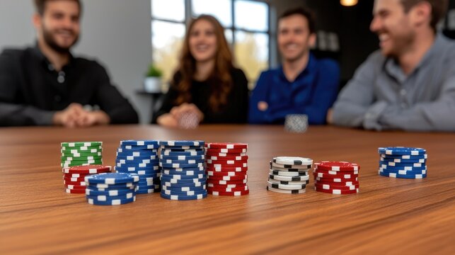 Casino night excitement poker game with friends home setting lifestyle photography cozy atmosphere close-up view