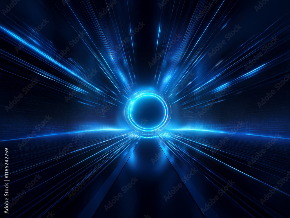 Poster glowing blue energy streaks converge on a central ring, creating a futuristic, high-speed tunnel eff