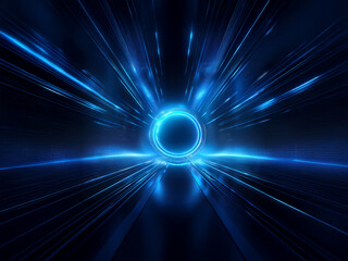 Glowing blue energy streaks converge on a central ring, creating a futuristic, high-speed tunnel effect.  The scene is dark and reflective, suggesting motion and power.