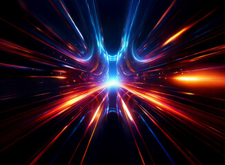 Obraz premium A vibrant, symmetrical tunnel of light streaks through a dark space, radiating energy and speed. The colors are intense, creating a sense of futuristic movement.
