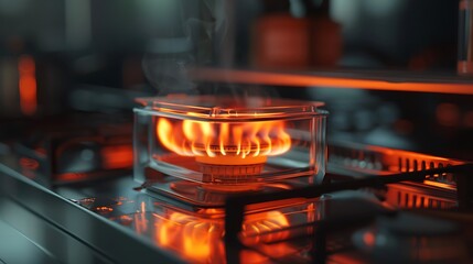 The gas heater in the cooking area is transparent with an orange flame