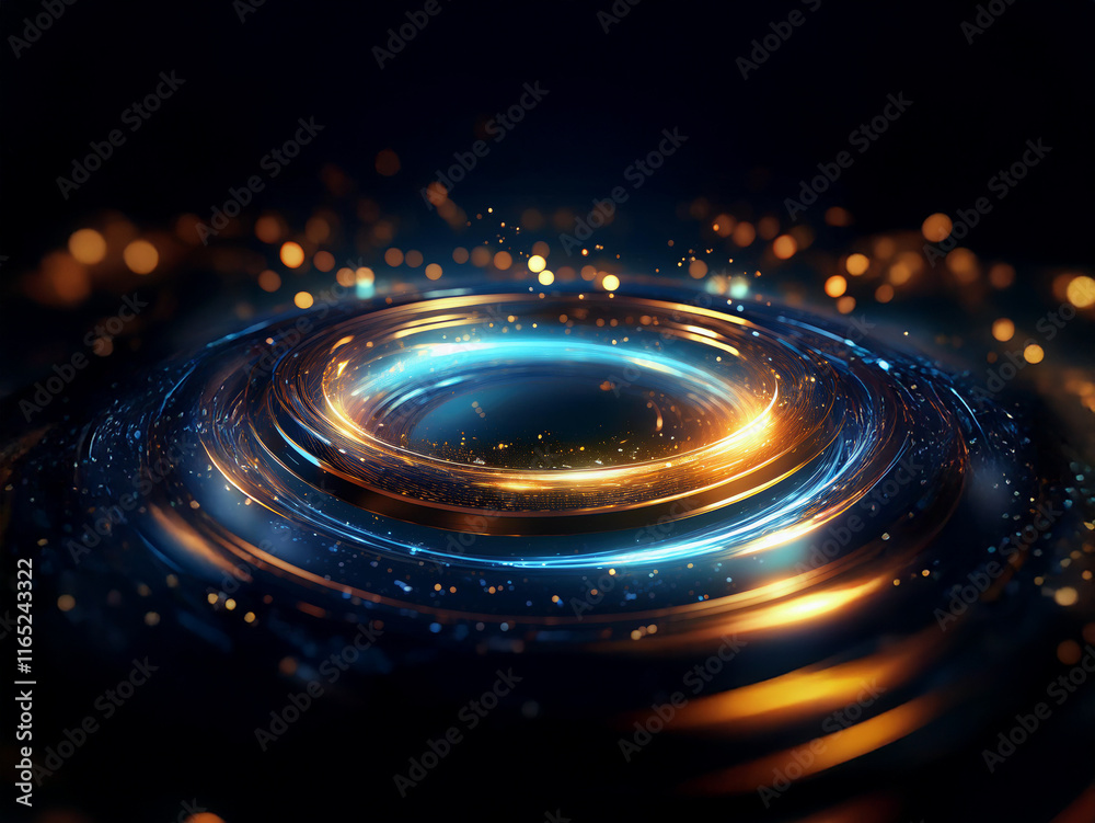 Poster glowing concentric rings of blue and gold light shimmer on a dark background, with sparkling particl