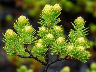 Close-up of vibrant green pine branch with numerous unopened buds, showcasing intricate details and water droplets.