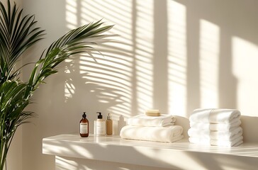 Fototapeta premium Minimalist white bathroom with sunlight streaming through the window, spring background