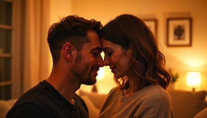Naklejka premium Couple embracing affectionately in cozy home atmosphere